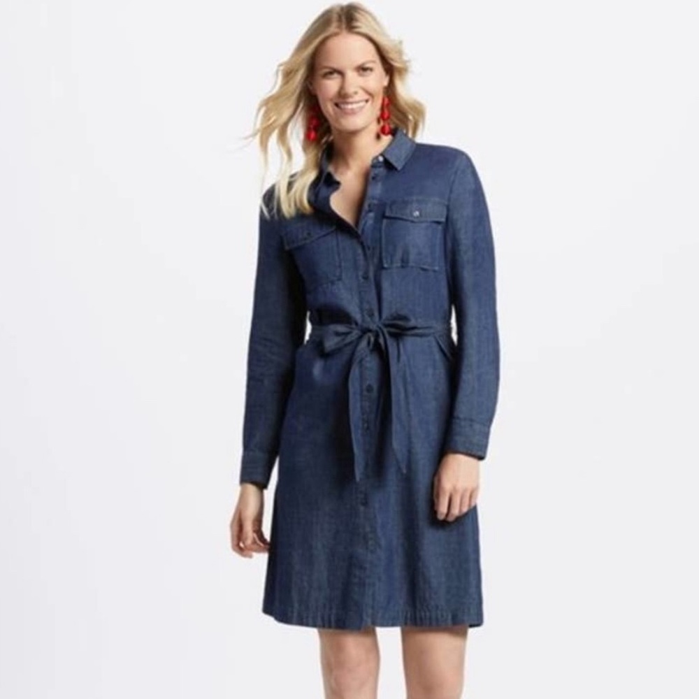 NWT Draper James Belted Chambray Shirt Dress DarkWash Sz 0 Denim LongSleeve #119